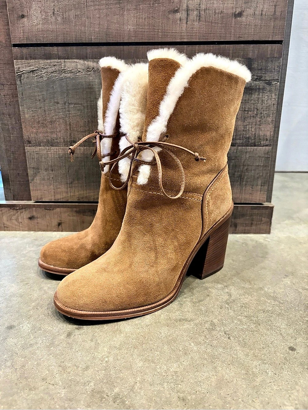 UGG Jerene Suede-Look Shearling Heeled Boots in Brown